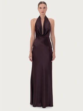 SAU LEE CHOCOLATE BROWN PEARL SATIN GOWN